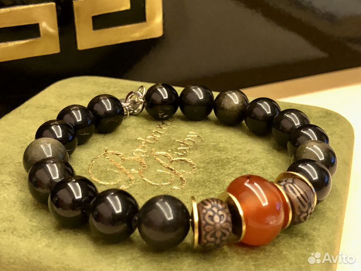 Браслет с натур черным обсидианом и сердоликом