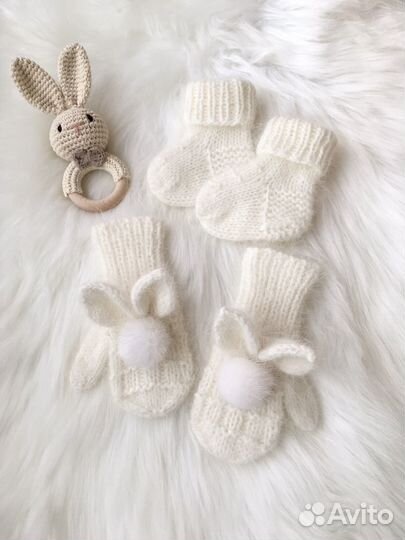 Варежки - Зайчики детские,пуховые,вязаные
