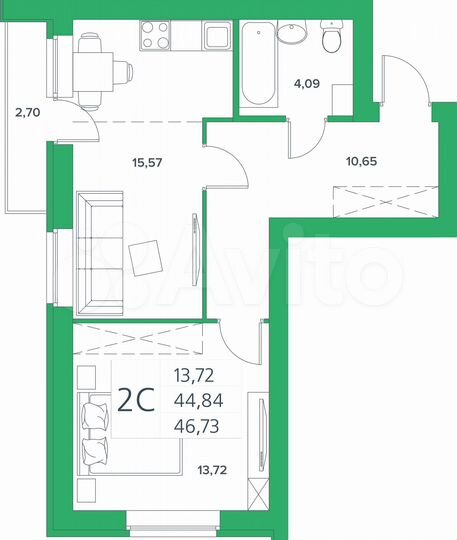 1-к. квартира, 44,8 м², 1/9 эт.