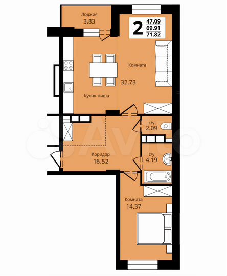 2-к. квартира, 58 м², 2/17 эт.