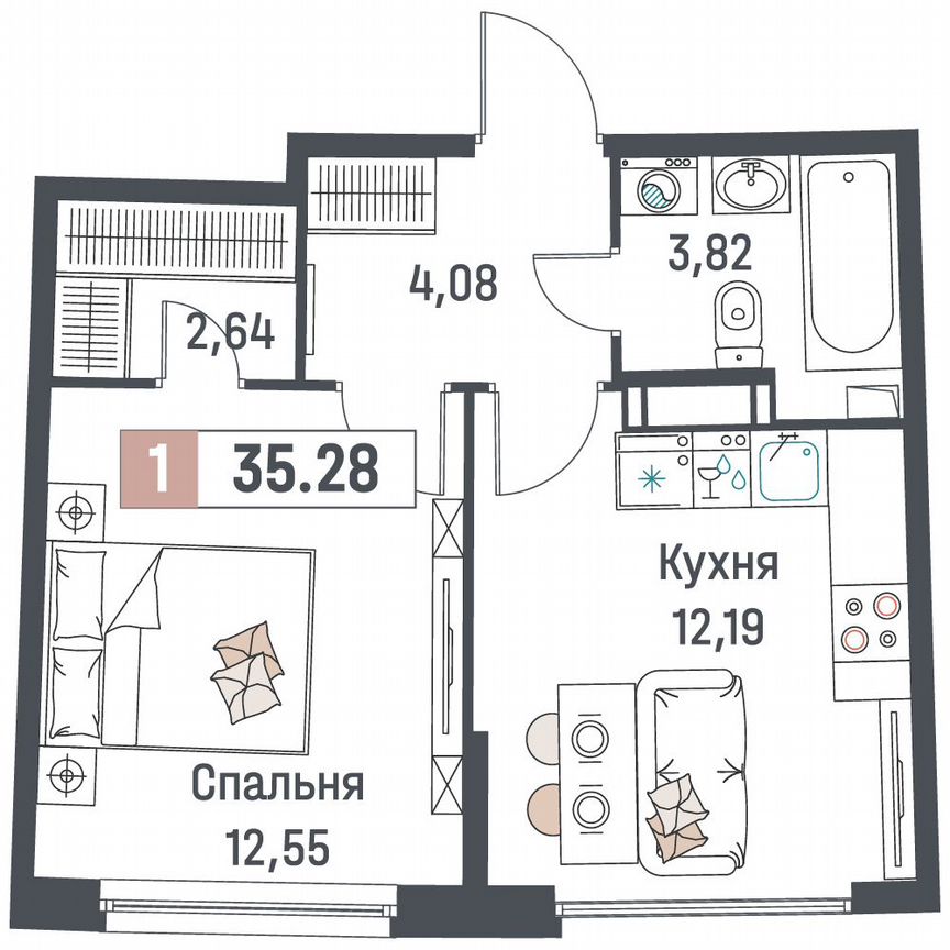 1-к. квартира, 35,3 м², 5/18 эт.