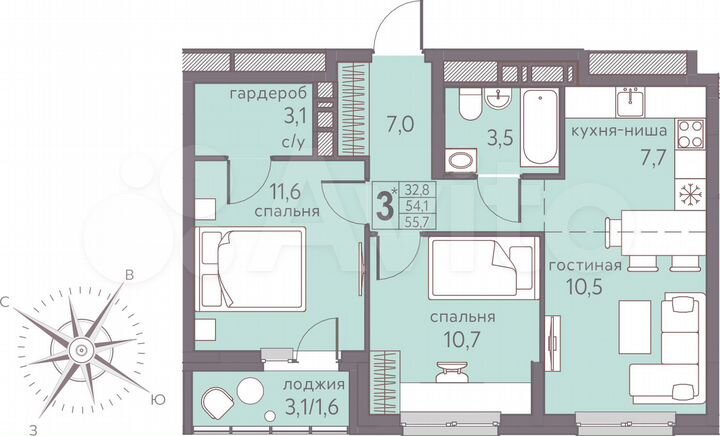 3-к. квартира, 55,7 м², 5/22 эт.