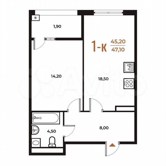 1-к. квартира, 47,1 м², 5/8 эт.