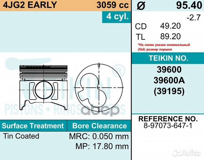 Комплект поршней 4JG2 39600 050 teikin