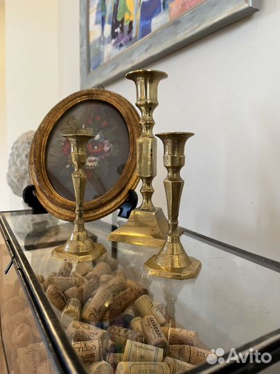 Картина антикварная масло, подсвечник латунь