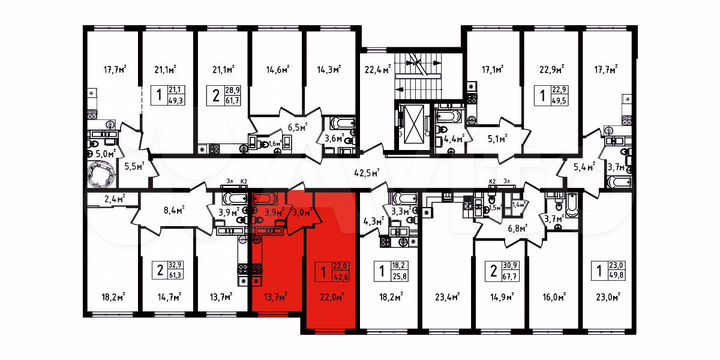 1-к. квартира, 42,6 м², 9/9 эт.