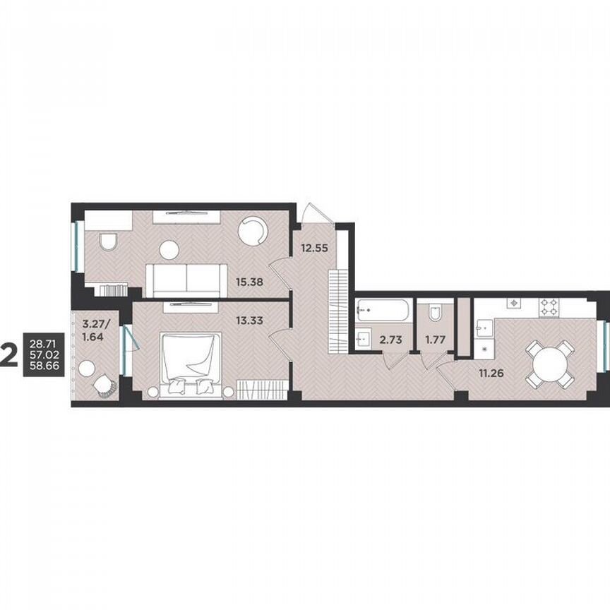 2-к. квартира, 58,7 м², 4/4 эт.