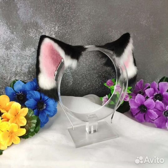 Чёрные чёрно-белые кошачьи ушки на ободке