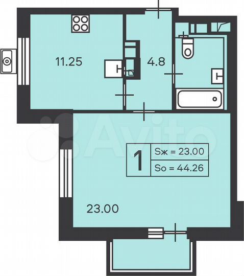 1-к. квартира, 44,3 м², 7/21 эт.