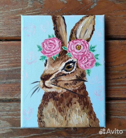 Картина маленькая. Животные. Птица. Птицы. Заяц