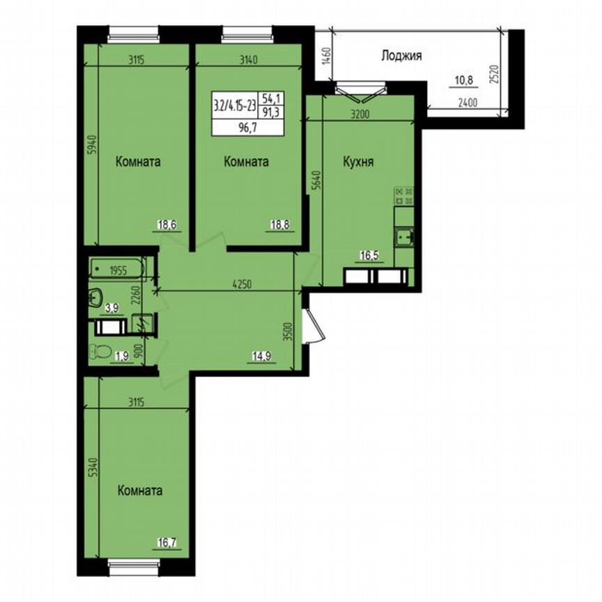 3-к. квартира, 96,7 м², 22/23 эт.