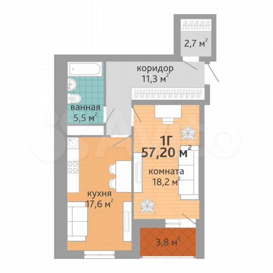 1-к. квартира, 57,2 м², 10/21 эт.