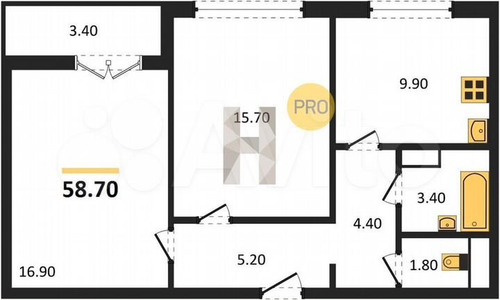 2-к. квартира, 58,7 м², 15/17 эт.
