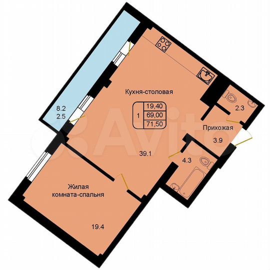 1-к. квартира, 71,5 м², 1/9 эт.
