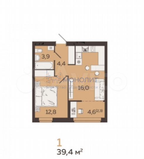 1-к. квартира, 39,4 м², 8/19 эт.