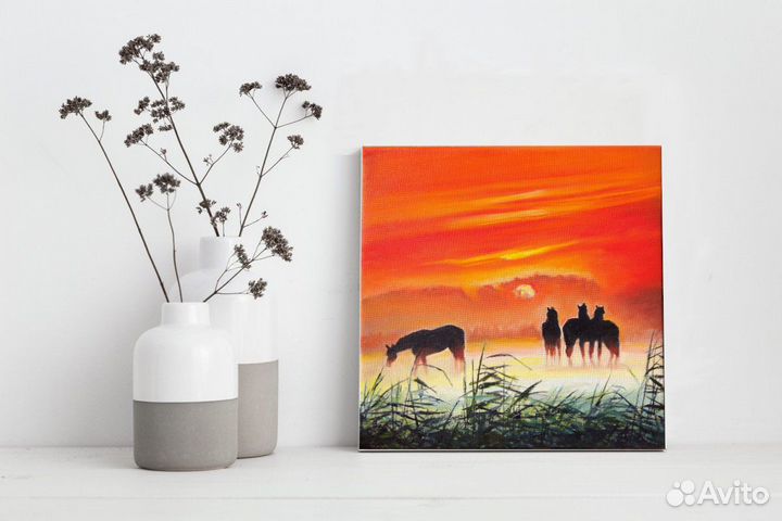 Картина маслом. Лошадки на рассвете. Пейзаж