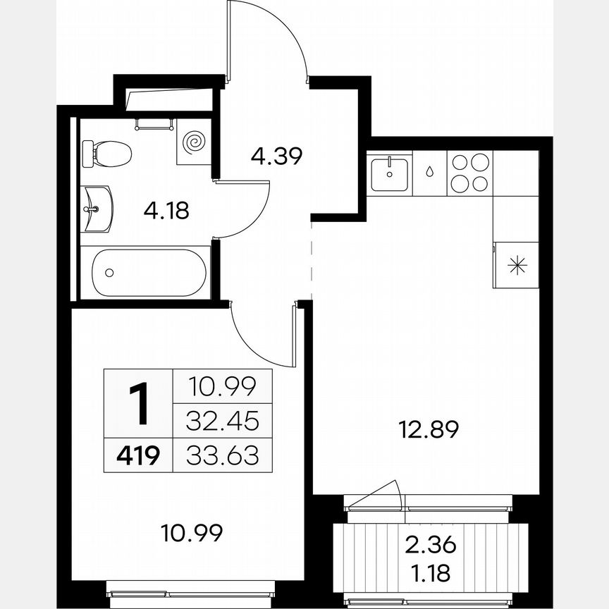 1-к. квартира, 33,6 м², 2/9 эт.