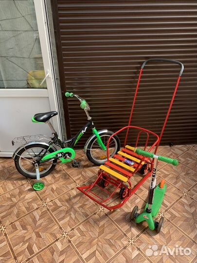 Детские велосипед, санки, самокат