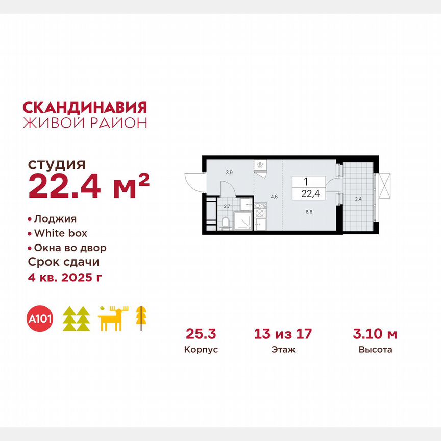 Квартира-студия, 22,4 м², 13/17 эт.