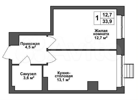 2-к. квартира, 33,9 м², 1/17 эт.