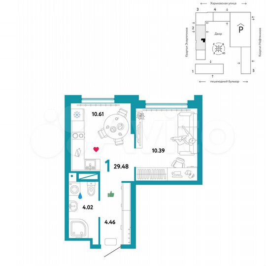 1-к. квартира, 29,5 м², 12/25 эт.