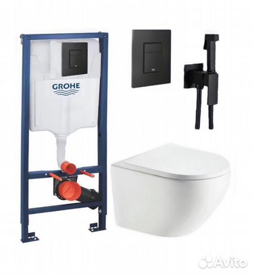 Инсталляция+черная кнопка+унитаз+гигиенический душ