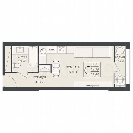 Квартира-студия, 25,7 м², 13/17 эт.