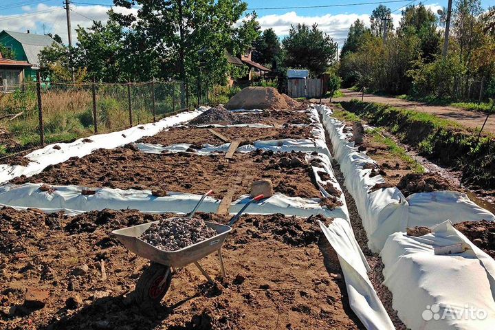 Дренаж,подсыпка, газон