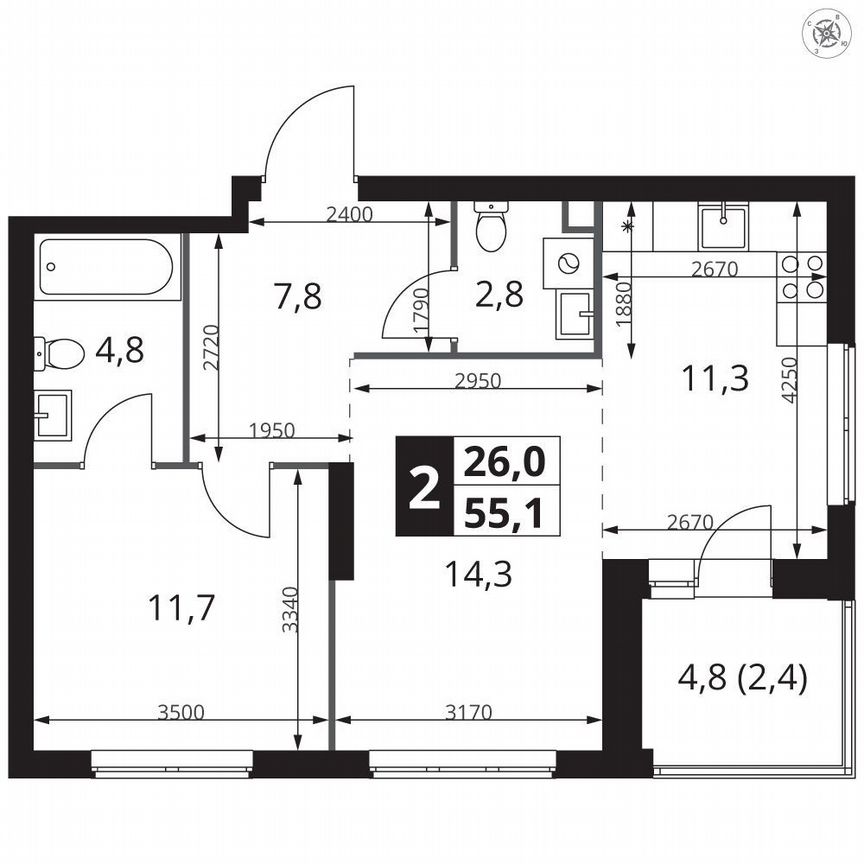 1-к. квартира, 55,1 м², 6/23 эт.