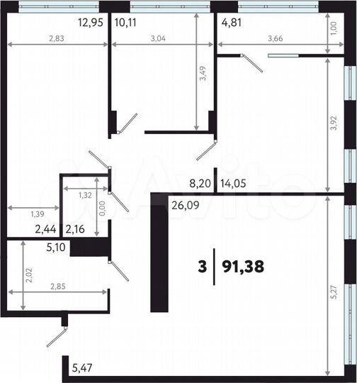 3-к. квартира, 91,4 м², 11/14 эт.