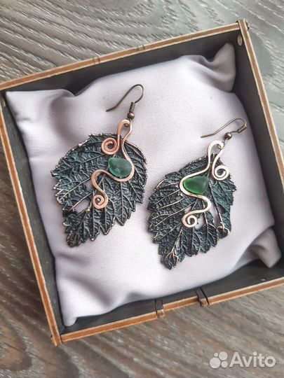 Медные серьги ручной работы из листиков малины