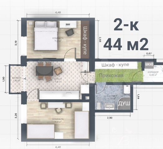2-к. апартаменты, 44 м², 4/5 эт. объявление продам
