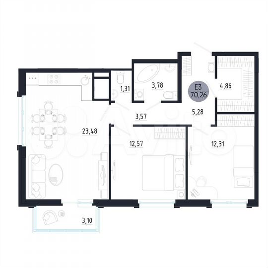 2-к. квартира, 70,3 м², 22/25 эт.