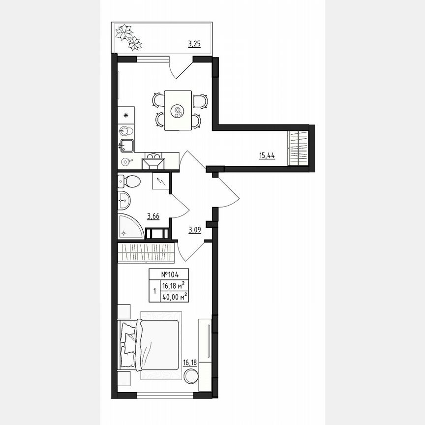 1-к. квартира, 40 м², 4/4 эт.