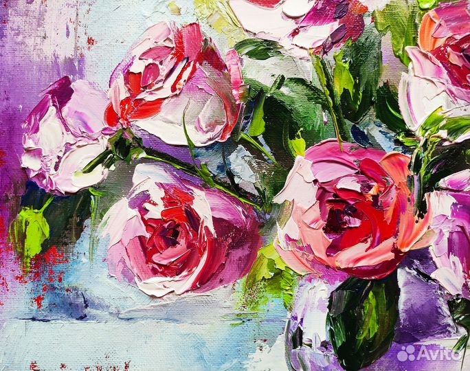 Картина маслом на холсте цветы розы 33/33 см
