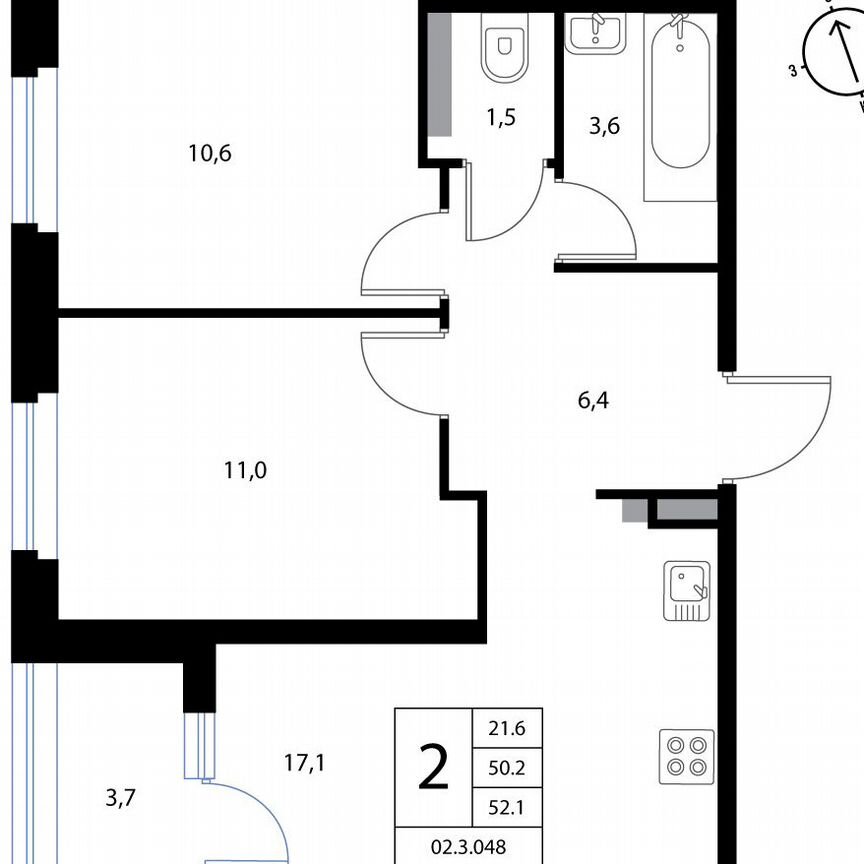 2-к. квартира, 52,1 м², 2/3 эт.