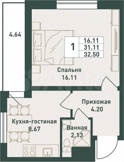 1-к. квартира, 32,5 м², 5/16 эт.