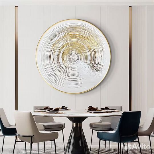 Картина в круглой раме Текстурная белая картина