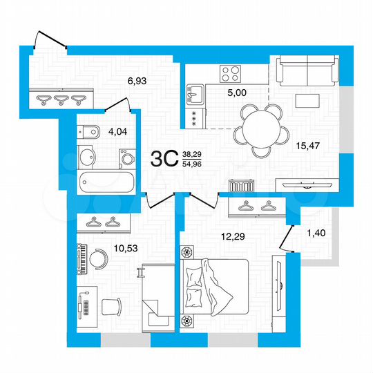 3-к. квартира, 55 м², 19/22 эт.