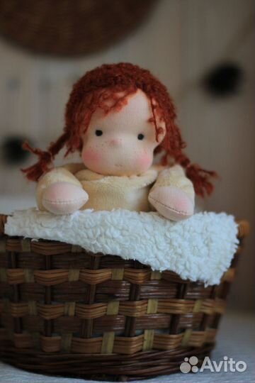 Текстильная кукла в пришивном комбинезоне