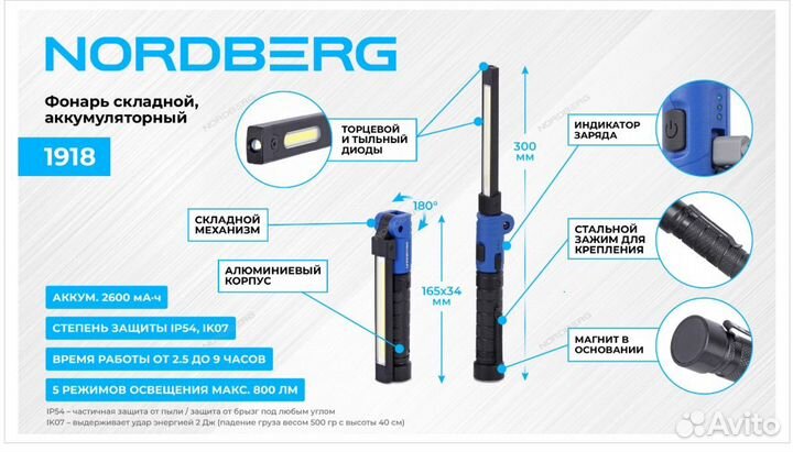 Nordberg. Фонарь светодиодный, складной, аккум