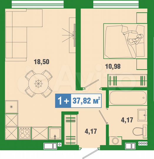 1-к. квартира, 37,8 м², 1/10 эт.