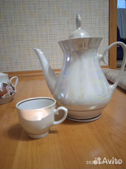 Кофейный сервис, перламутровый, на 6 персон, блюдц
