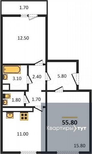 2-к. квартира, 55,8 м², 6/17 эт.
