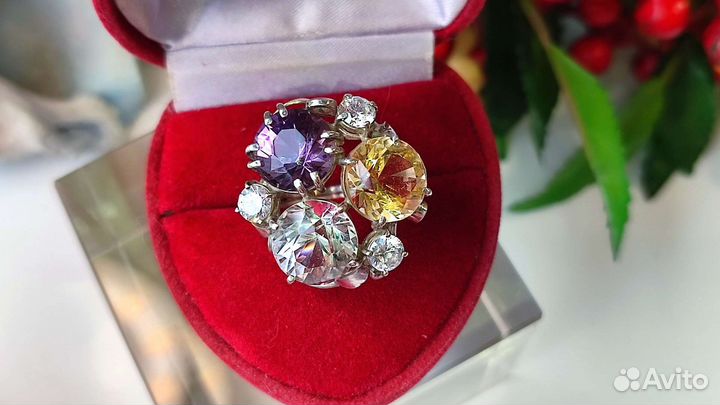 Кольцо хрусталь/цитрин/аметист 22ct 18р-р 925