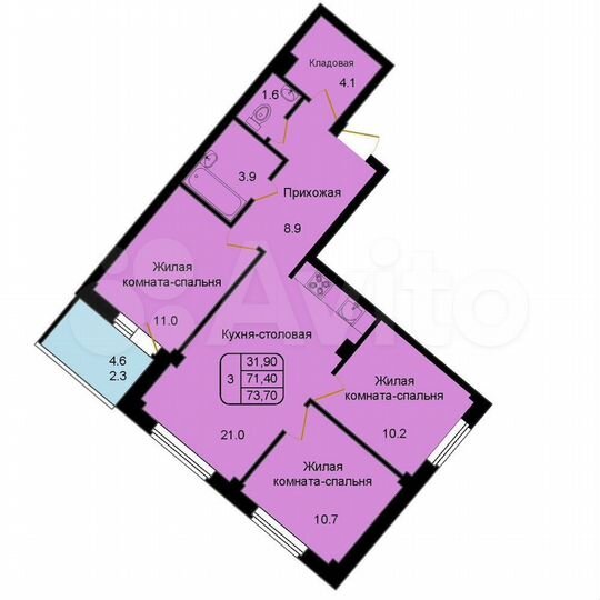 3-к. квартира, 73,7 м², 3/9 эт.