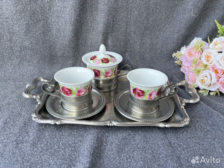 Винтажный кофейный набор, сахарница оловянная