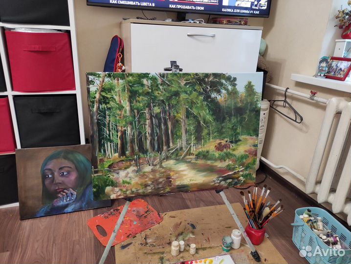 Картина маслом, пейзаж, лес, сосны, река, поляна