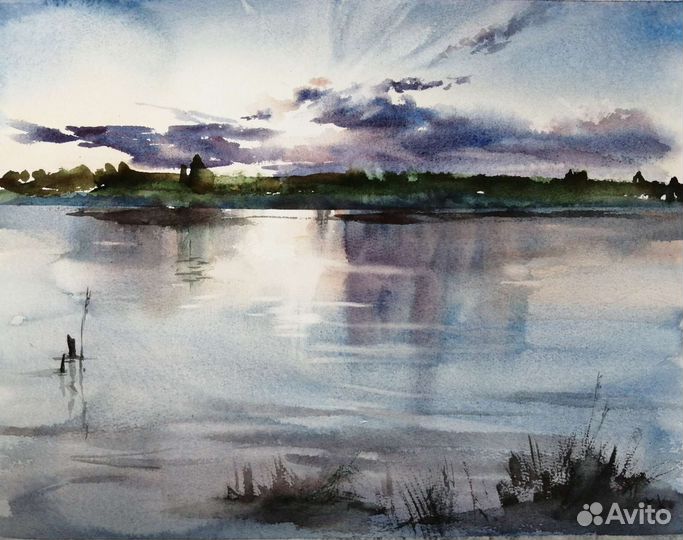 Картина акварелью Закат на озере