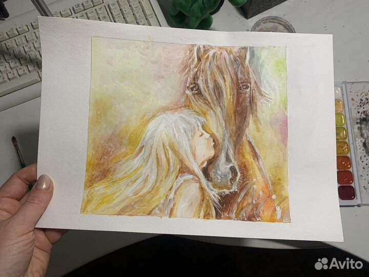 Акварель Девочка и Лошадь